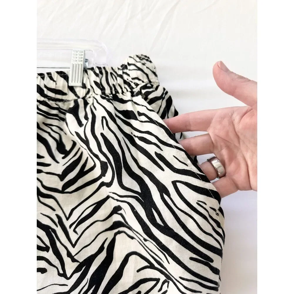Cynthia Rowley Zebra Print Linen Shorts Womens US 12 Elastic Waist Drawstring